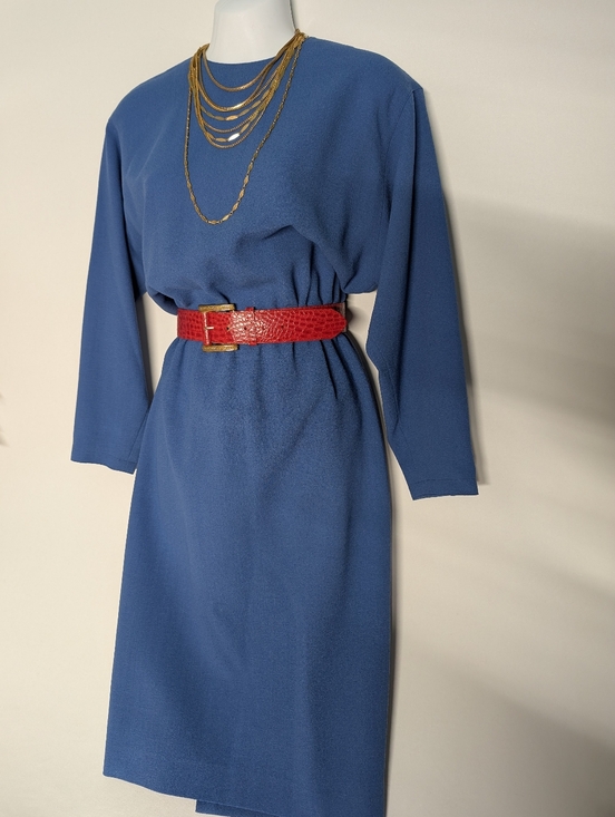 Dresses & Skirts - Elegant Blue Long-Sleeve Handmade Sapphire Vintage Bat Wing Pencil Dress Classic